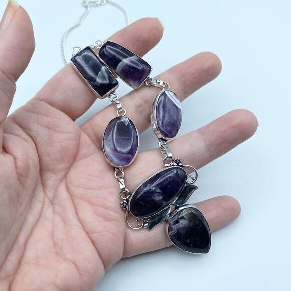 Banded Amethyst Silver Necklace Boho - Picture 4 of 4